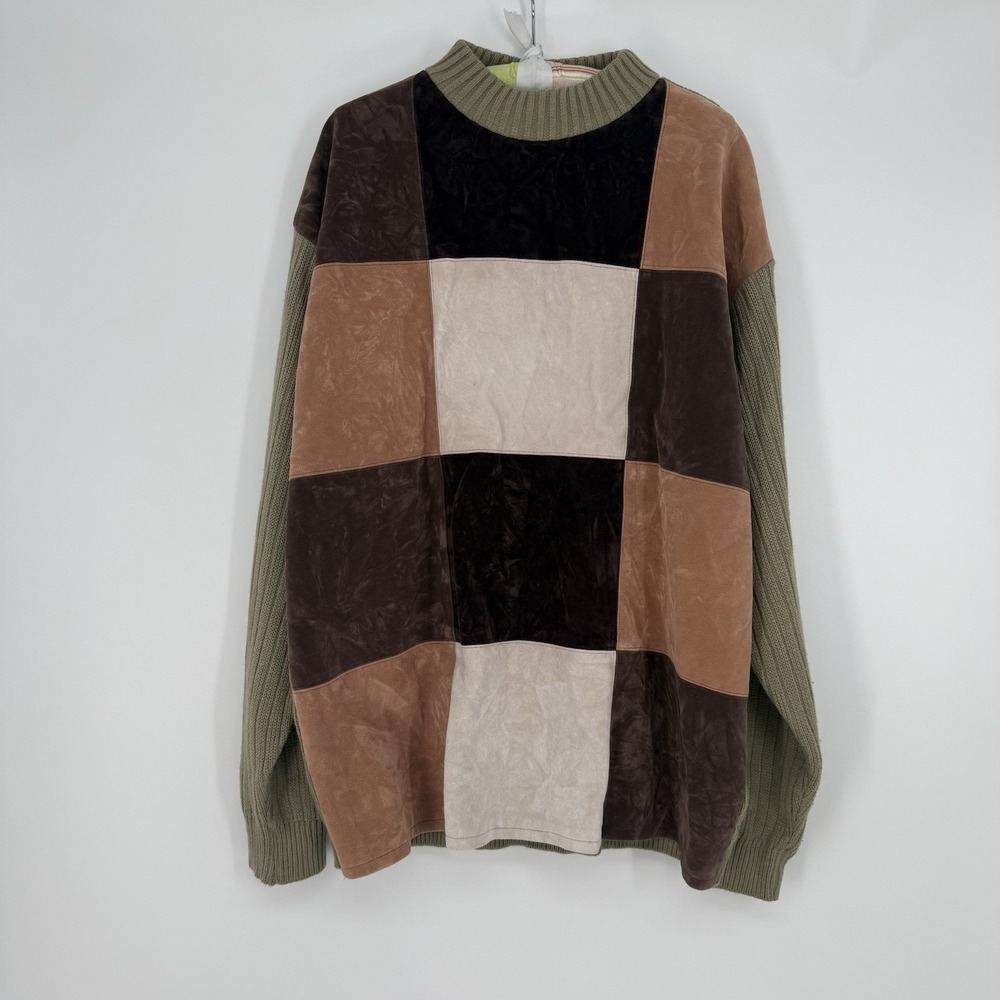 Grandpa Sweater 90s VTG  XL Colorblock Olive Brown Velvet Panel Knit 100 Acrylic